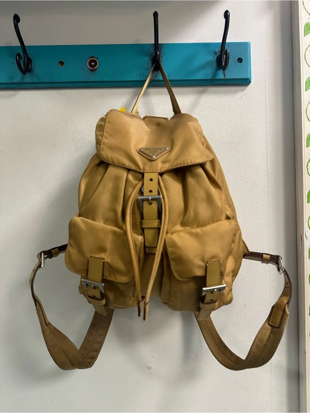 Prada Mustard Nylon Drawstring Backpack with Front Pockets